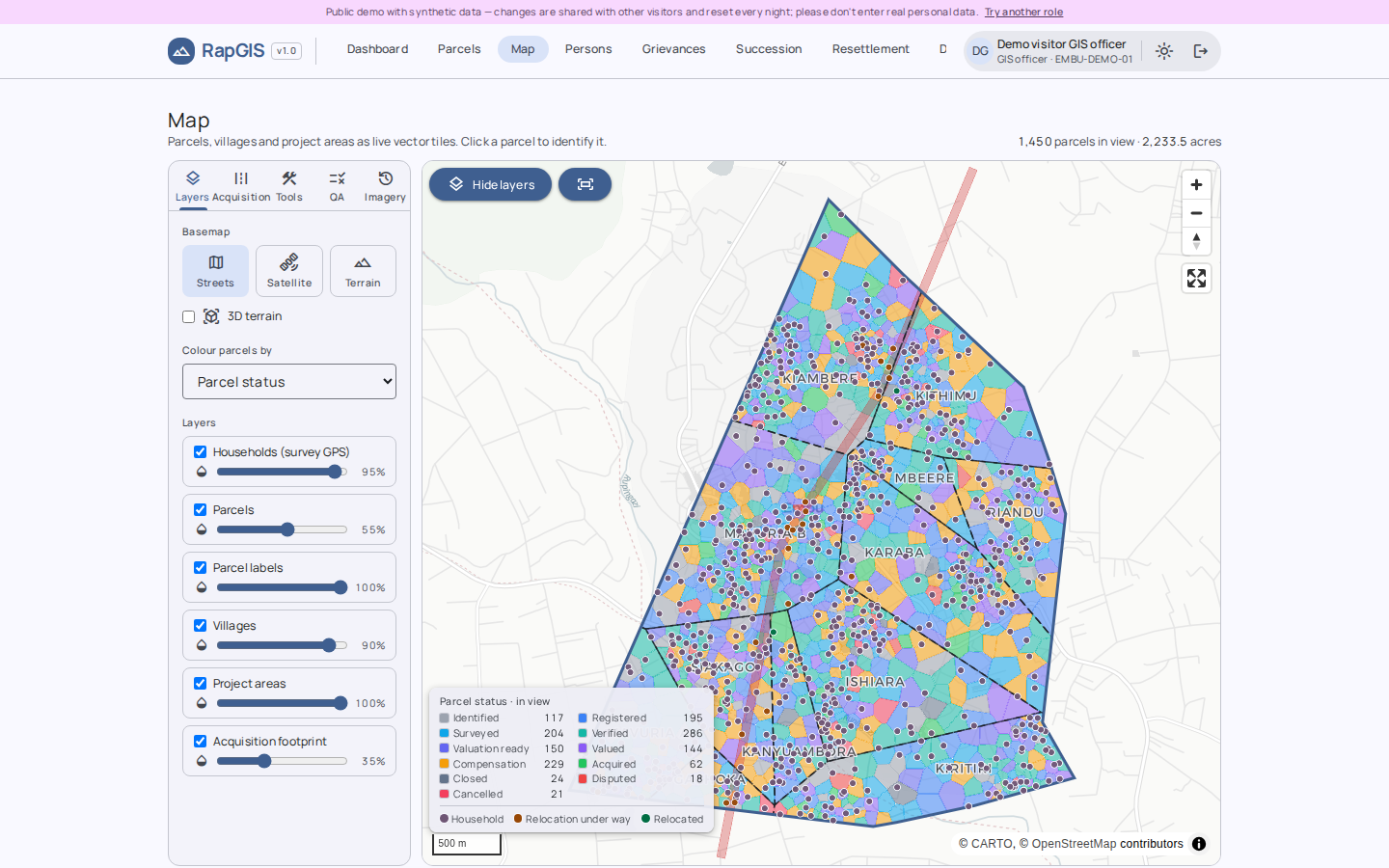 RapGIS map: parcels of the demo project with the acquisition corridor and households.